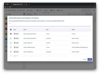 A screenshot of the API Workbench with the Add Queries & Mutations window open