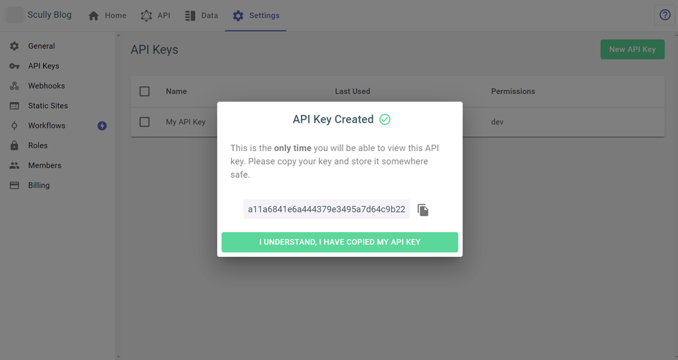 Creating an API Key | TakeShape