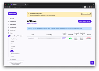 A screenshot of the Postscript API page