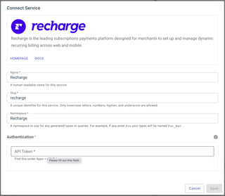 A screenshot of the service configuration page for Recharge.
