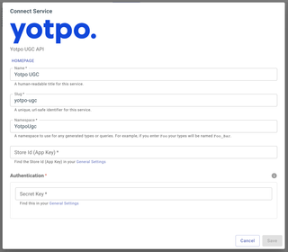 A screenshot of the service configuration page for Yotpo UGC.