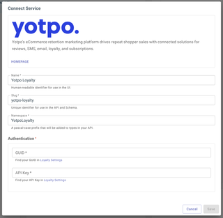 A screenshot of the service configuration page for Yotpo Loyalty.