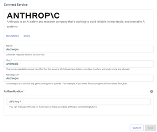 A screenshot of the service configuration page for Anthropic.
