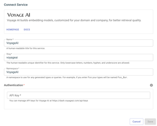 A screenshot of the service configuration page for Voyage AI.