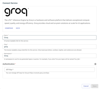 A screenshot of the service configuration page for Groq.