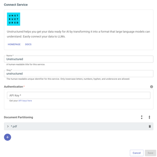 A screenshot of the service configuration page for Unstructured.