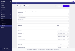 A screenshot of Recharge Create an API token page