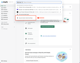 A screenshot of the Shopify app settings link.