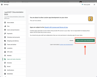 A screenshot of the Shopify allow custom apps confirmation page.