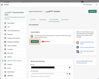 A screenshot of the Shopify custom app install step on API credentials page.