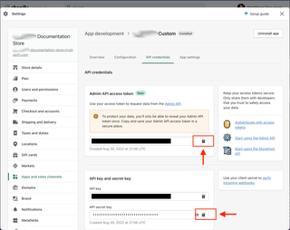 A screenshot of the Shopify api credentials page.