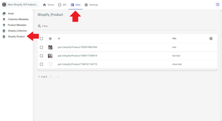 A screenshot of indexed products in the data tab.