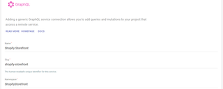 A screenshot of a generic GraphQL service page. The Namespace field is set to ShopifyStorefront. The Slug field is set to shopify-storefront. This service's shapes will be ShopifyStorefront_X and shopify-storefront:X. X replaces the name of the type, like Product.