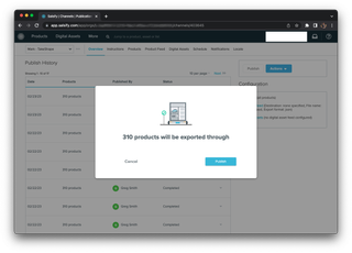 A screenshot of the Salsify channel overview page with the publish window open