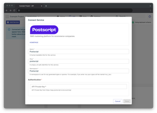 A screenshot of the service configuration page for Postscript.