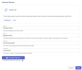 A screenshot of the service connection page for Google Vertex.