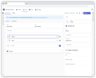 A screenshot of the editor. The name property is selected and its configuration sidebar is open. It is marked as required.